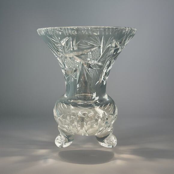 Vintage Bohemian Heavy Hand Cut 3 Footed Crystal Vase 5.75”H Clear Gift Feet - Picture 2 of 16